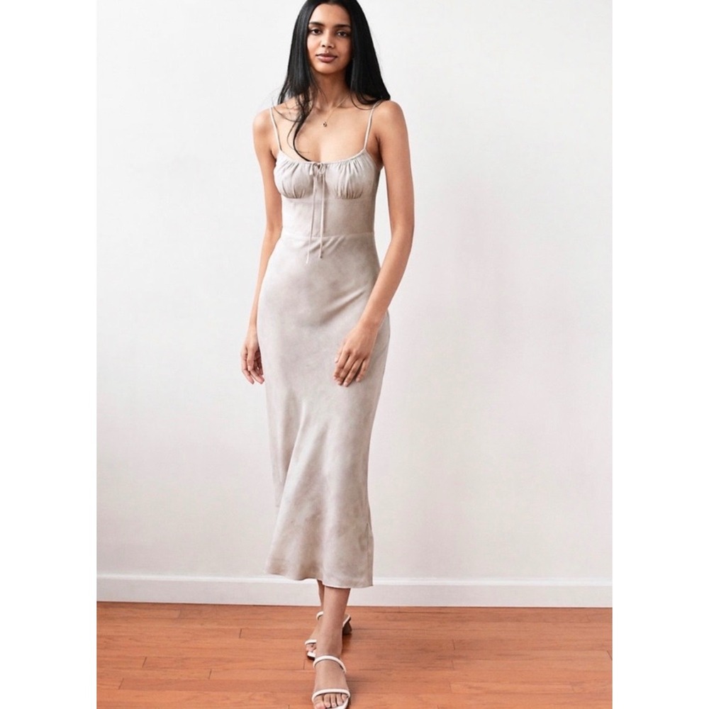 Aritzia Wilfred Bellow Gathered Bust Midi Dress Sand 2 Wedding‎ Vacation Summer